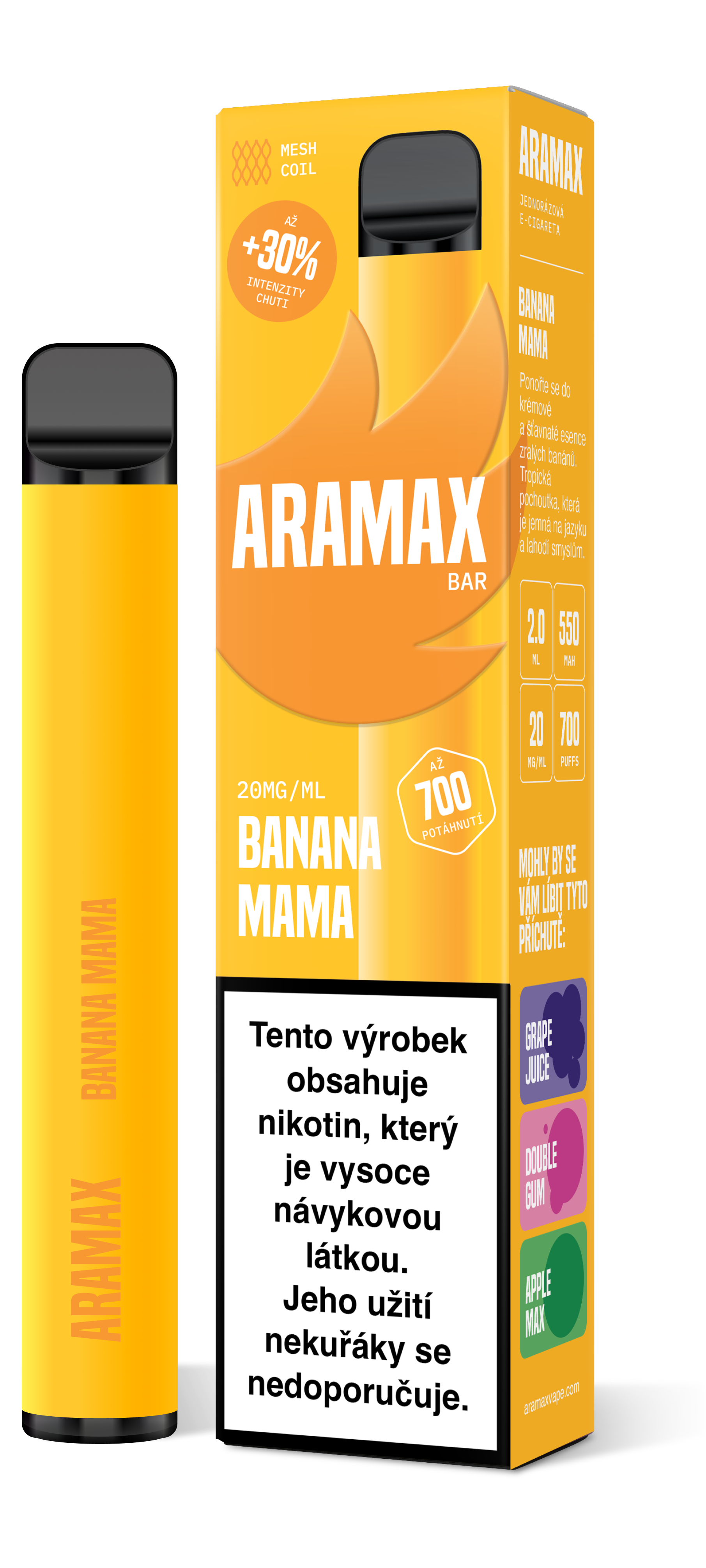 Aramax Bar 700 e-cigareta Banana Mama 550mAh 2ml 20mg 1 ks