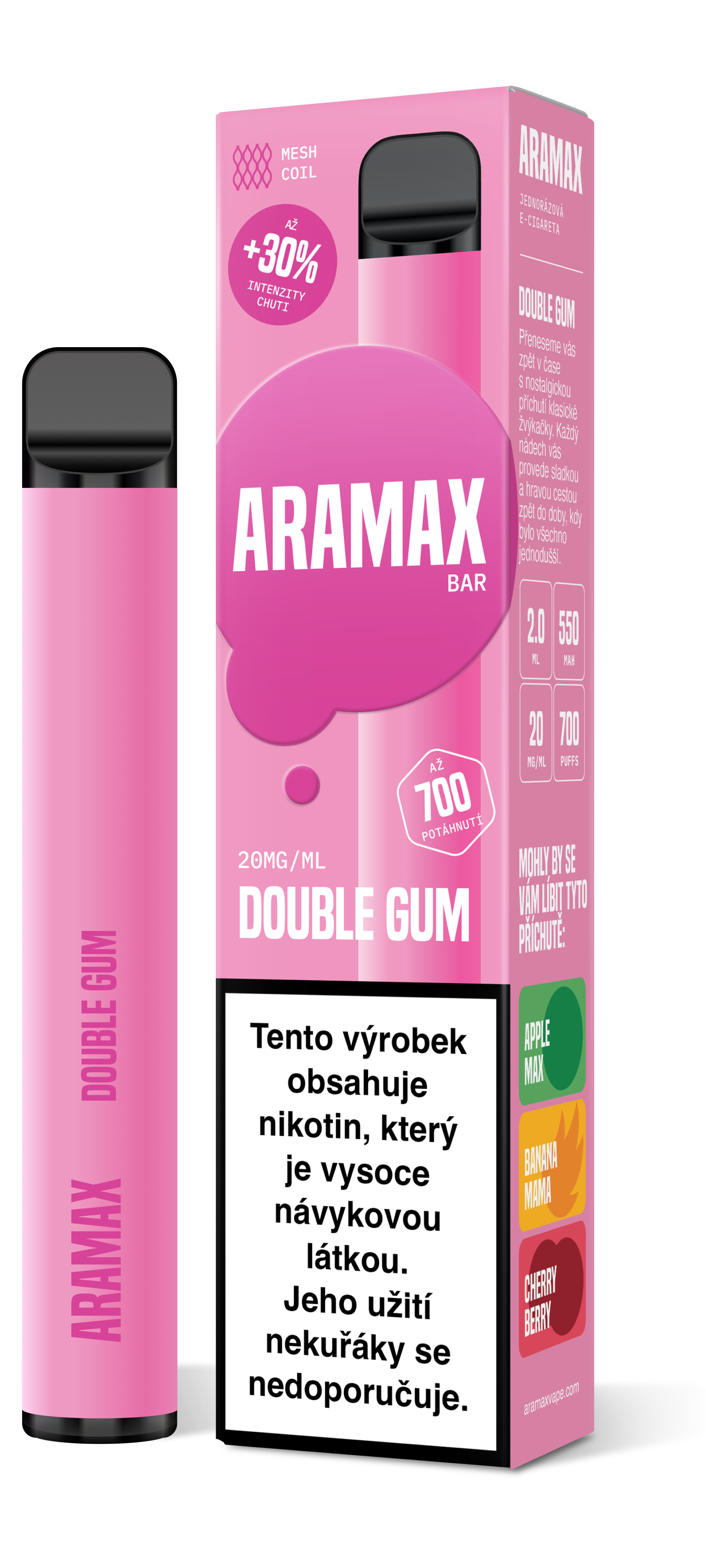 Aramax Bar 700 e-cigareta Double Gum 550mAh 2ml 20mg 1 ks