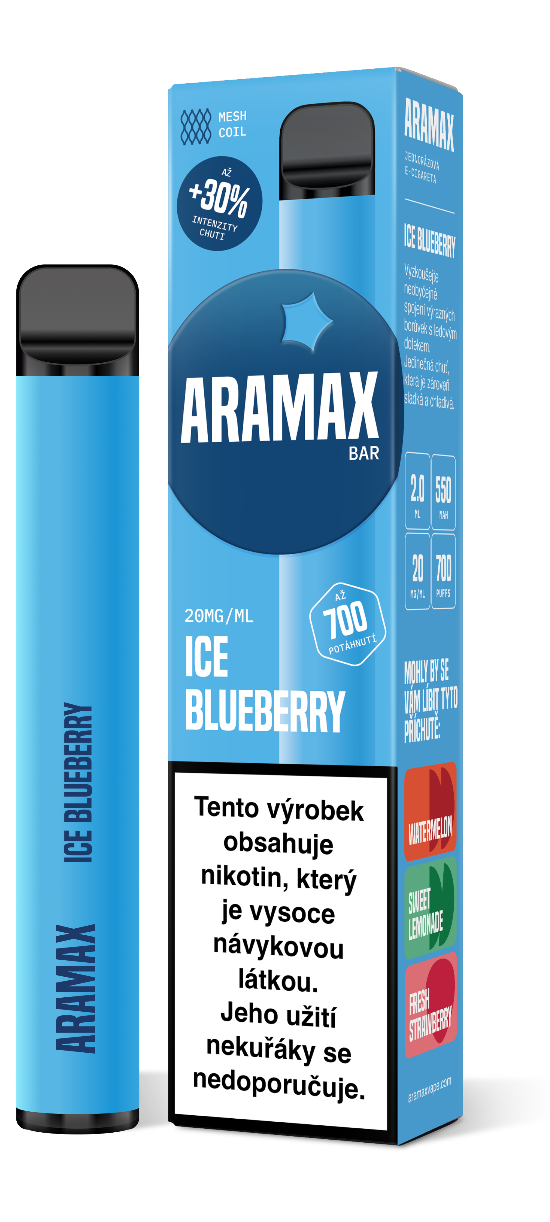 Aramax Bar 700 e-cigareta Ice Blueberry 550mAh 2ml 20mg 1 ks